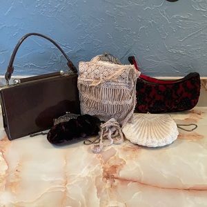 Bundle of Victorian Bags and a pair of lace gloves